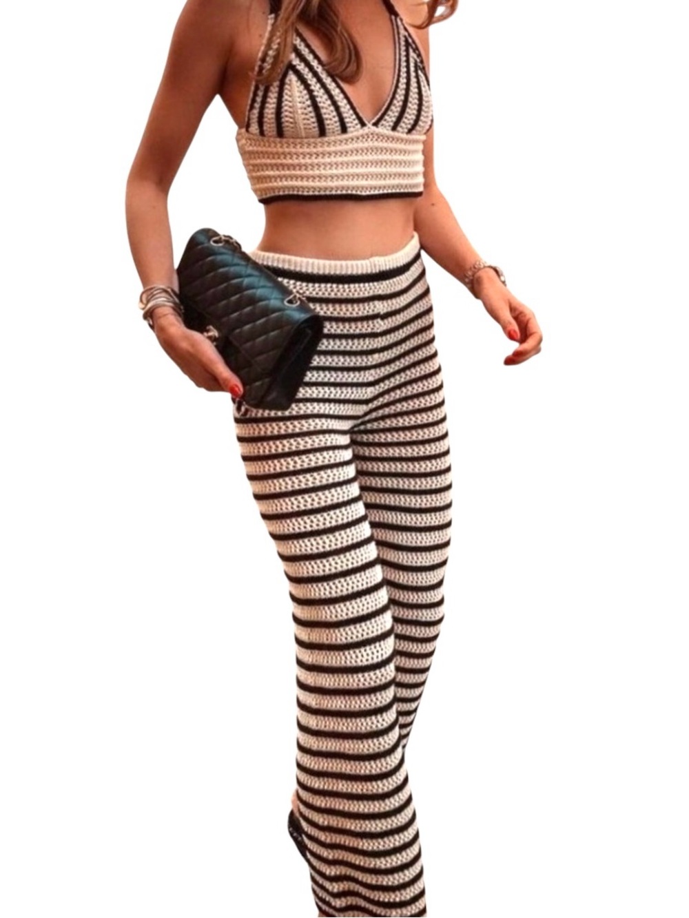 ZARA | Striped Knit Crochet Crop Top & Flared Pants Set